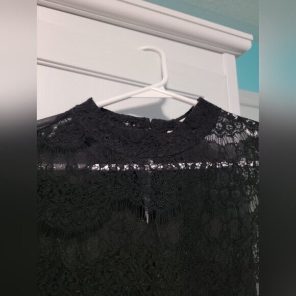 Forever 21 Black High Neck Lace Sheer See-Through Flounce Sleeve Blouse Shirt M - Picture 8 of 14